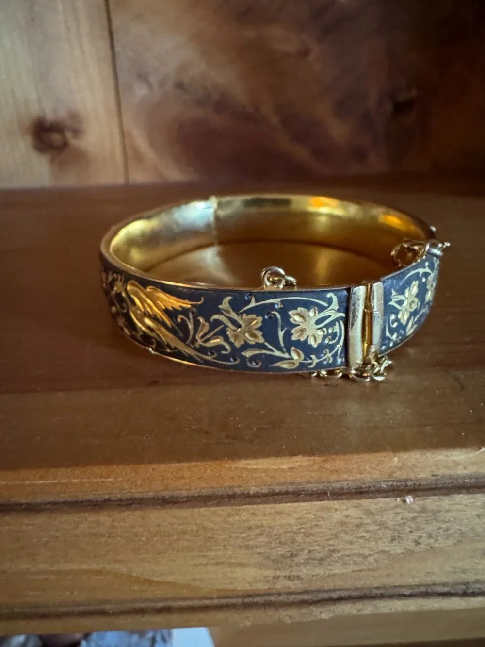 Vintage Damascene Gold Black Hinged Bracelet With Chain Bird-of-paradise